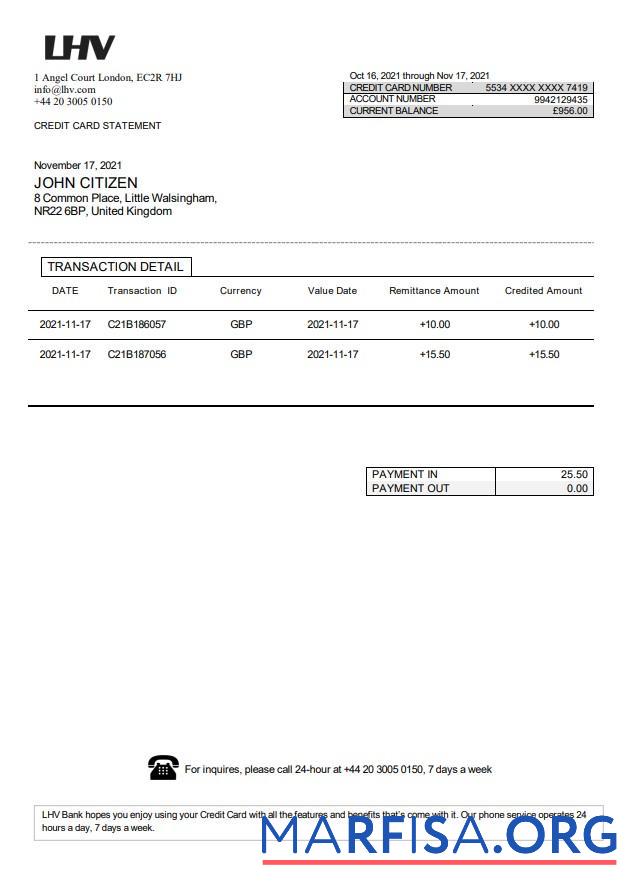 Blank United Kingdom LHV Group bank statement word template